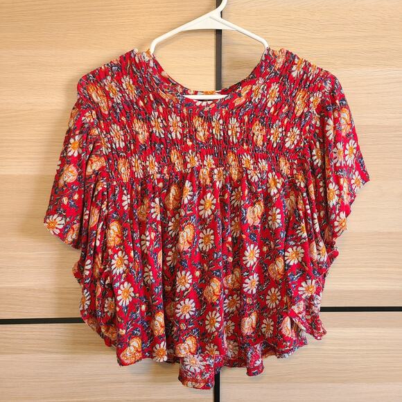 Free People Ruffles Up Shirt Women L Floral Linen Blend Crop Flutter Sleeve Boho - Picture 4 of 11